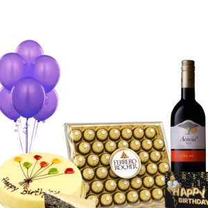 birthday package wine postcard chocolate balloon cake